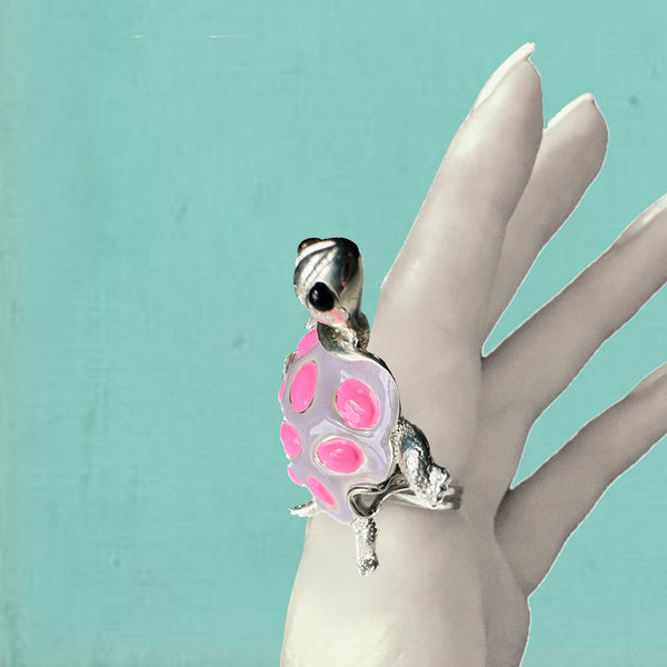 "La Tortue"  POP ART Lilac/Pink Hand-Enameled  Sterling Silver Turtle  Ring