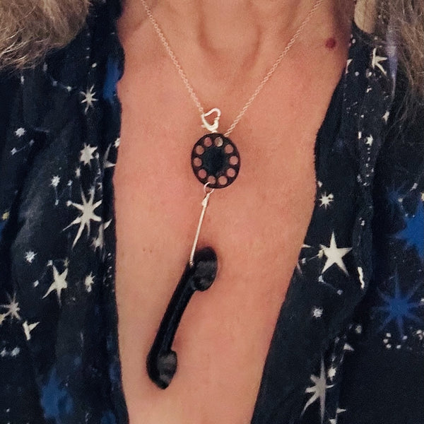 Off the Hook POP ART Telephone  Necklace (Hand Enamel over Sterling Silver with Onyx
