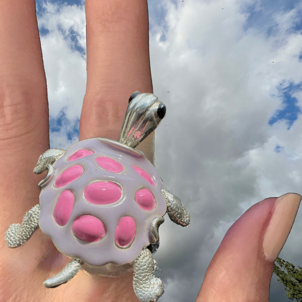 "La Tortue"  POP ART Lilac/Pink Hand-Enameled  Sterling Silver Turtle  Ring