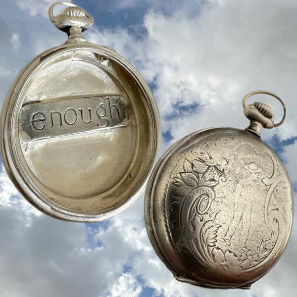 Sterling Silver Vintage Inspired Pocket Watch Case with the word "enough" engraved in the empty case. Because we always have and are...enough.

Made in the USA. Hand signed.
