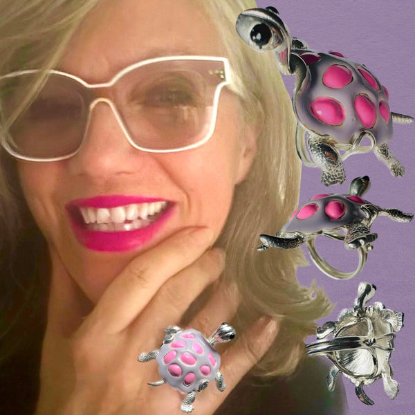 "La Tortue"  POP ART Lilac/Pink Hand-Enameled  Sterling Silver Turtle  Ring