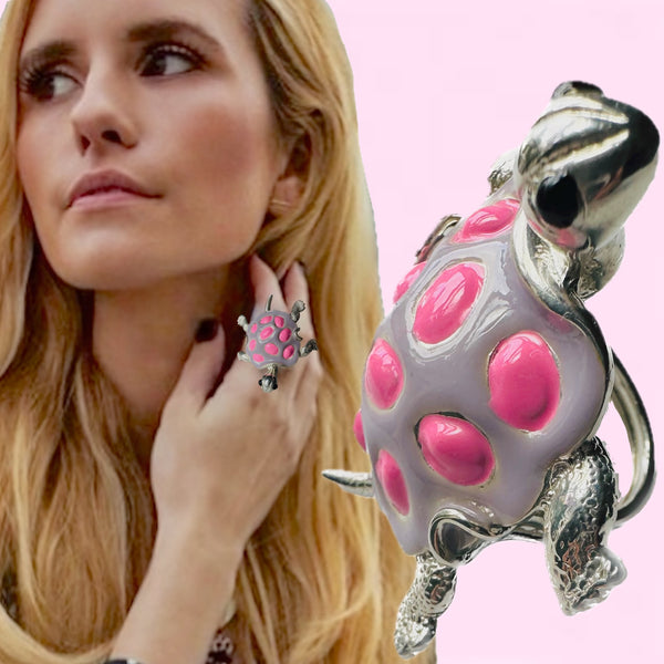 "La Tortue"  POP ART Lilac/Pink Hand-Enameled  Sterling Silver Turtle  Ring